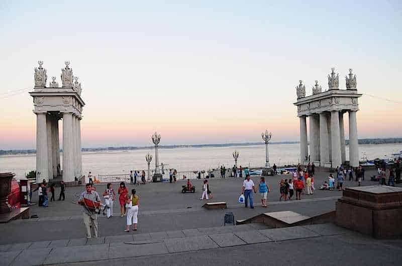 The Volga through the gates at the end of the Avenue of Heroes, Stalingrad